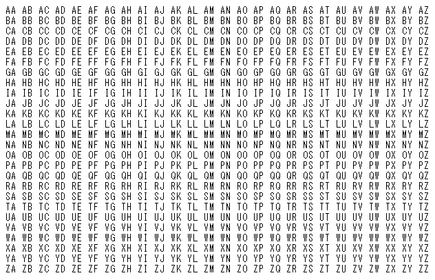 「AA」から「ZZ」を出力